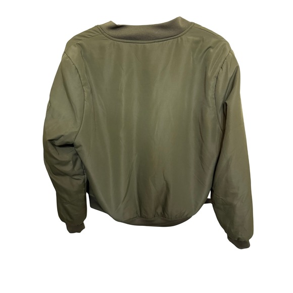 Charlotte Russe Olive Green Bomber Jacket Orange Lined Zip Pocket Size L - Picture 2 of 10